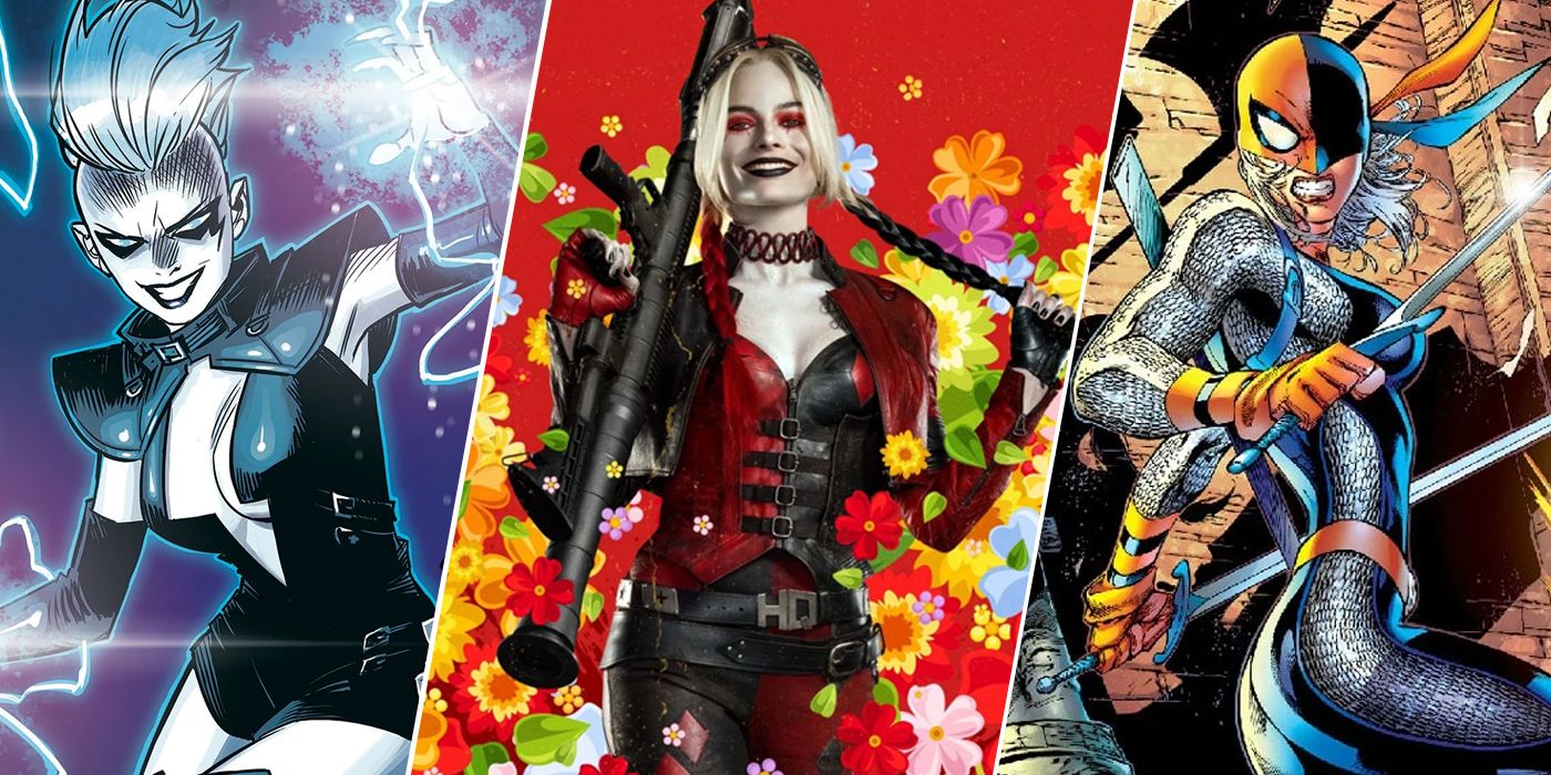 Split image showing Harley Quinn and other female comic characters