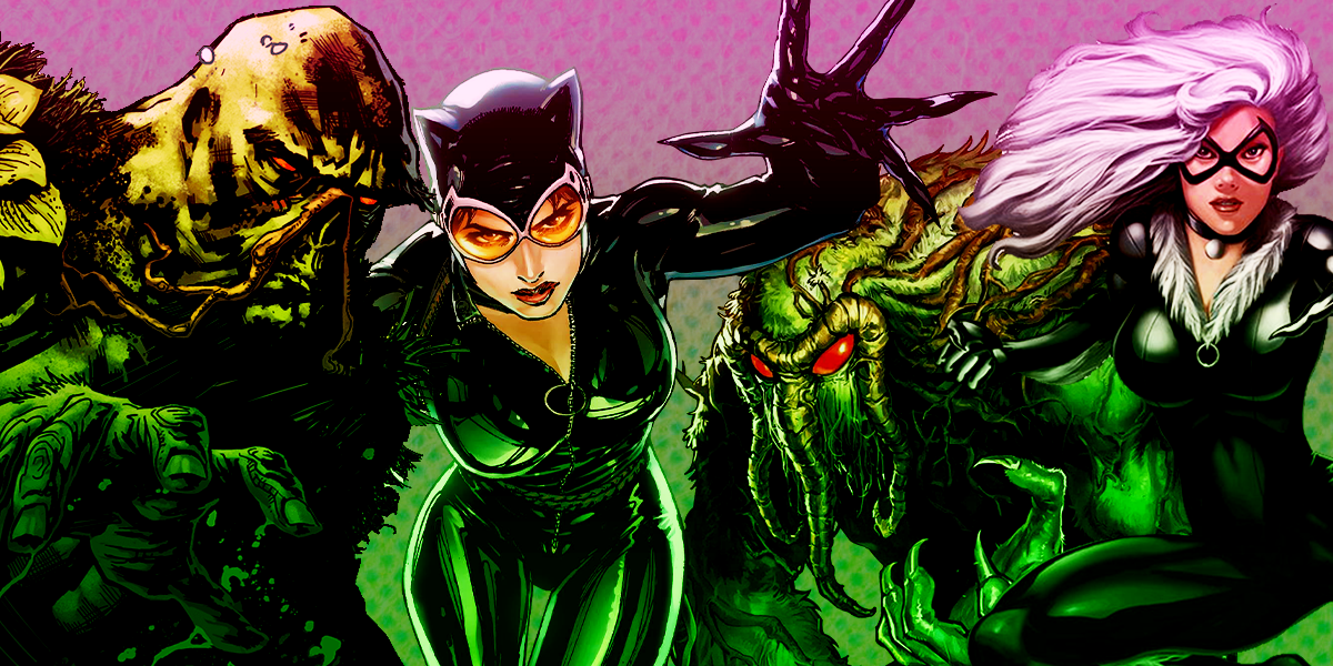 DC and Marvel characters- Swamp Thing, Man-Thing, Catwoman and Black Cat