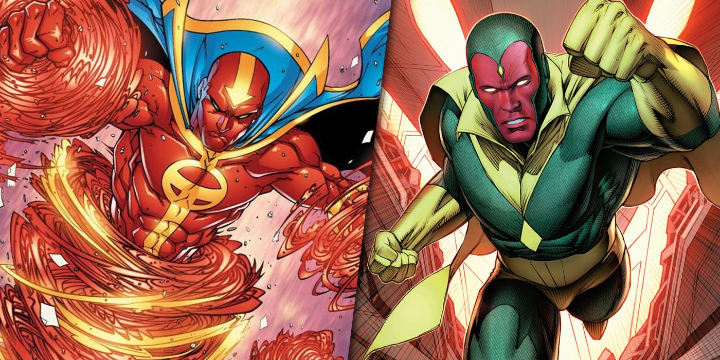 DC's Red Tornado and Marvel's Vision split image