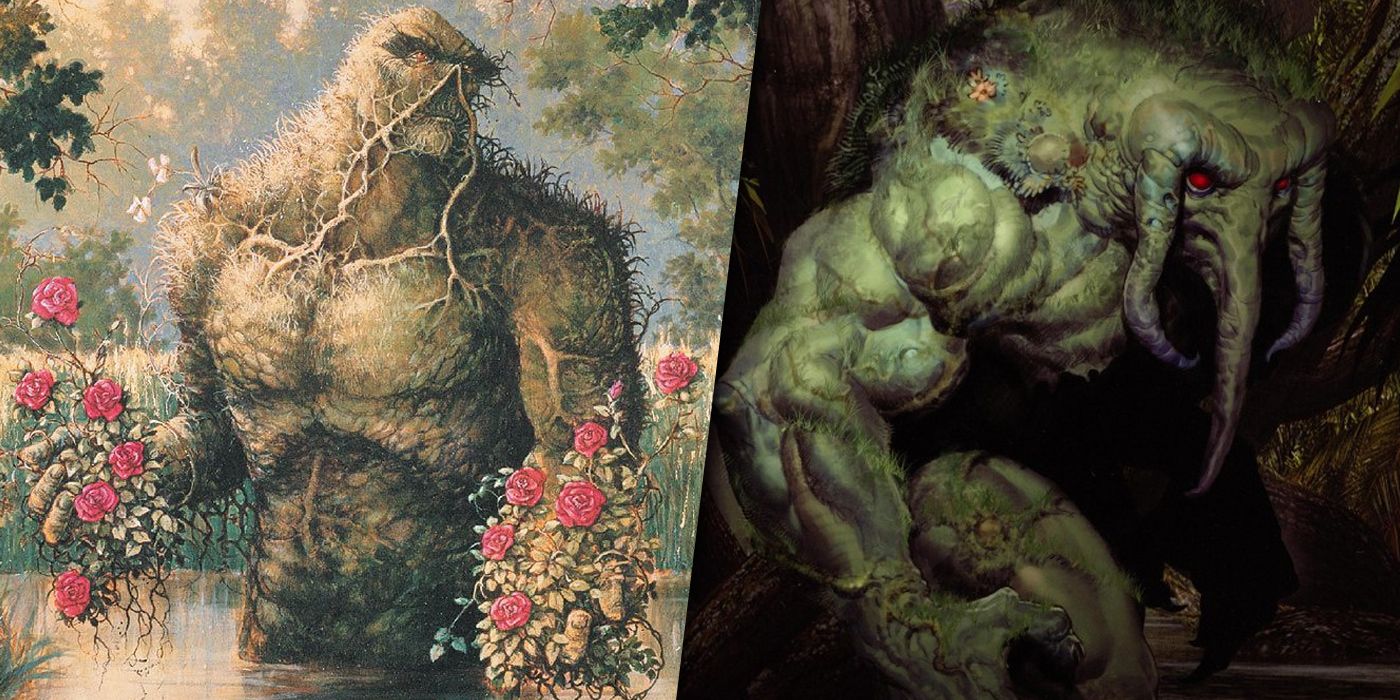 DC's Swamp Thing and Marvel's Man-Thing split image