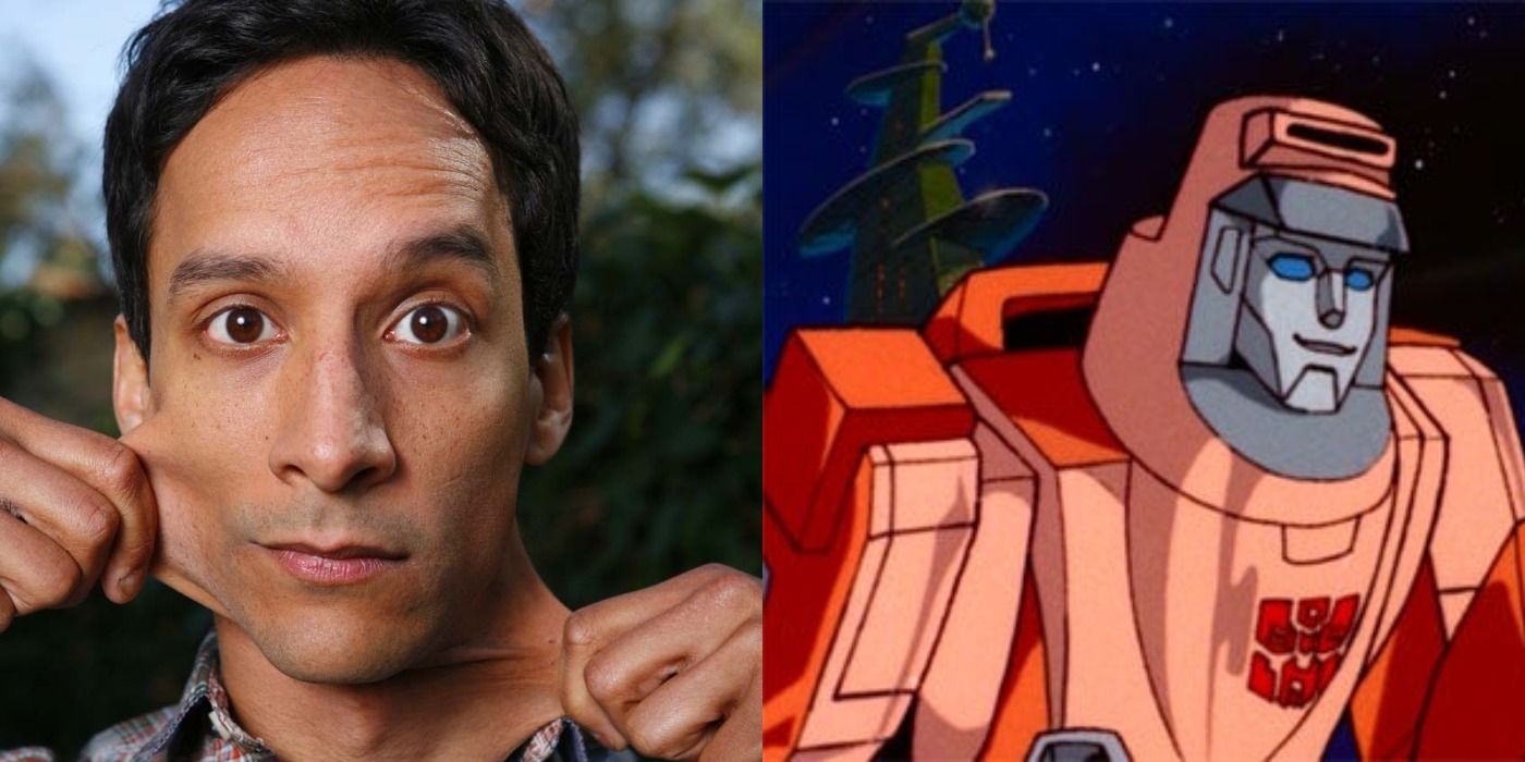 An image of Danny Pudi next to an image of Wheelie from The Transformers: The Movie.