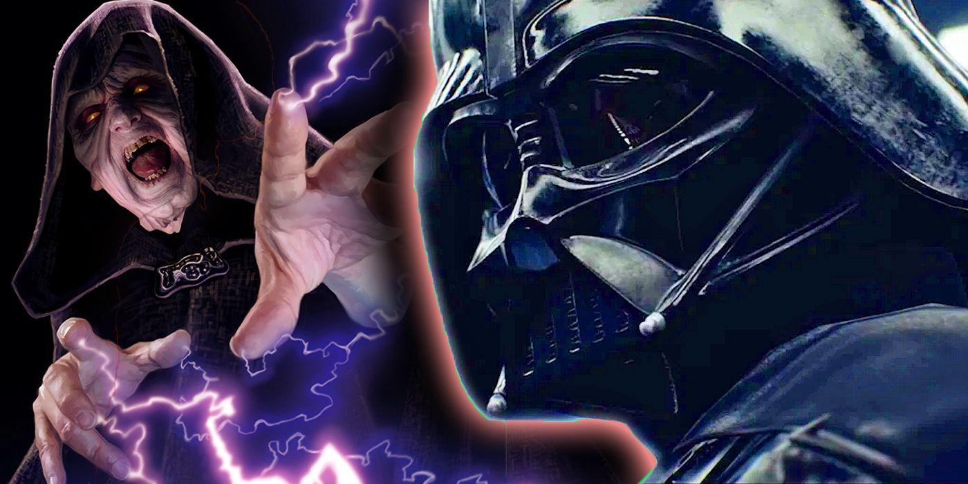 Emperor Palpatine shooting lightning from his fingers with Darth Vader looming in the foreground.
