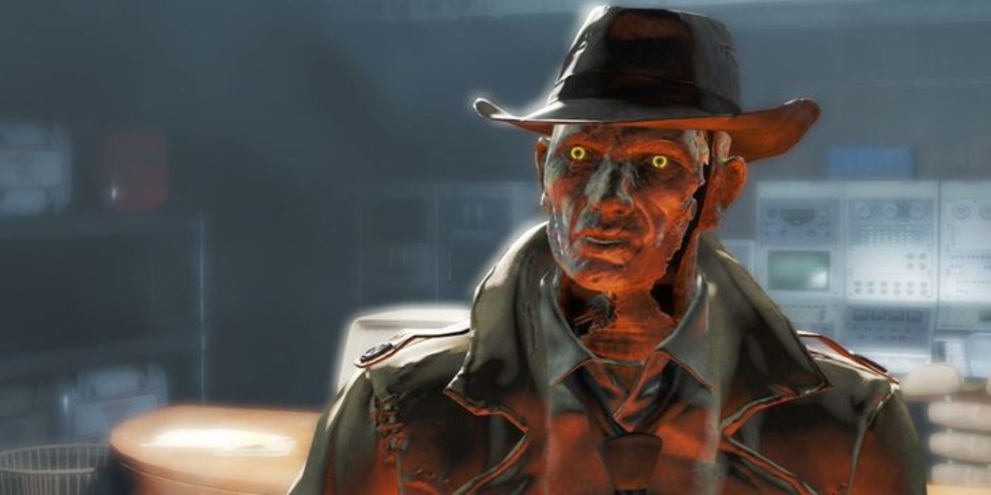 Nick Valentine a Synth prototype companion stares into camera in Fallout 4 (2015)