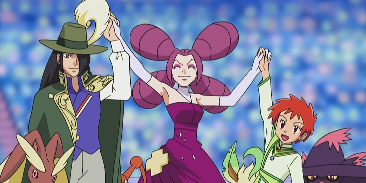 Fantina celebrating with Nando and Zoey in the Pokemon anime