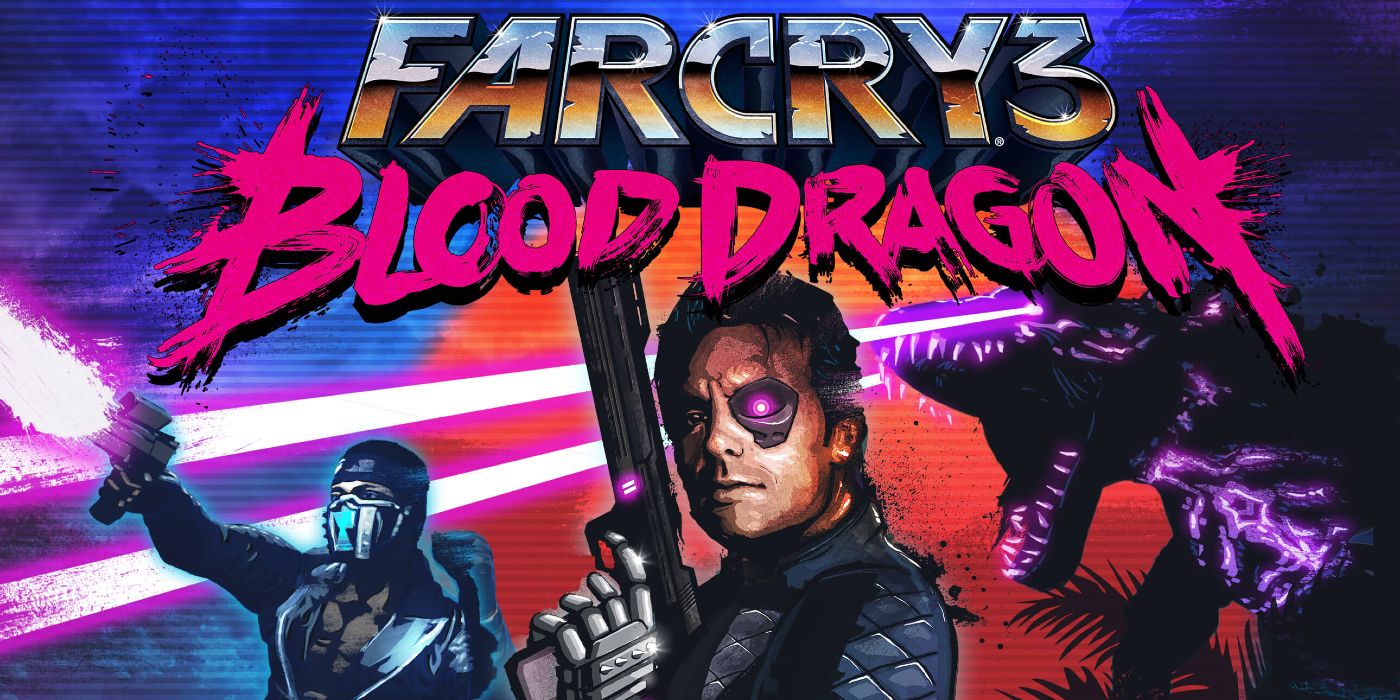 Far Cry 3 Blood Dragon's Loading Screen featuring cybernetically enhanced people and a dragon shooting lasers
