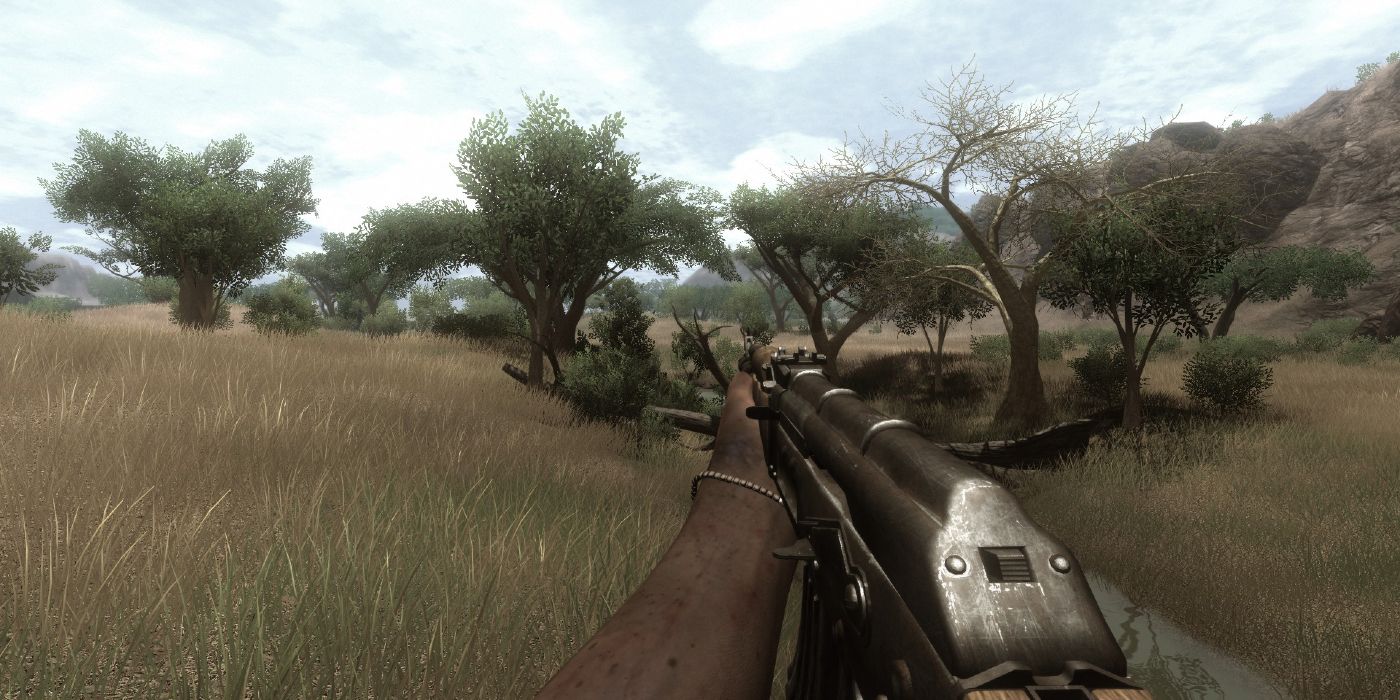 The player fires an AK-74u in Far Cry 2