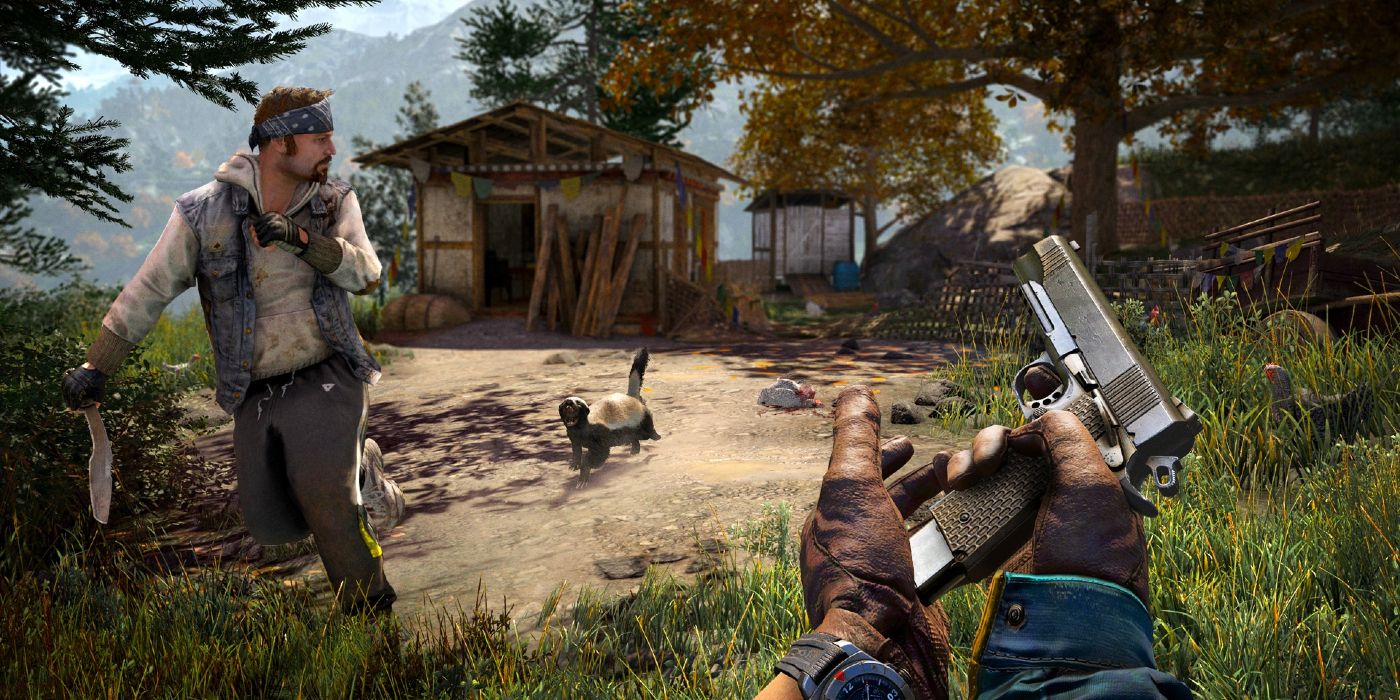 The player reloads a pistol in Far Cry 4