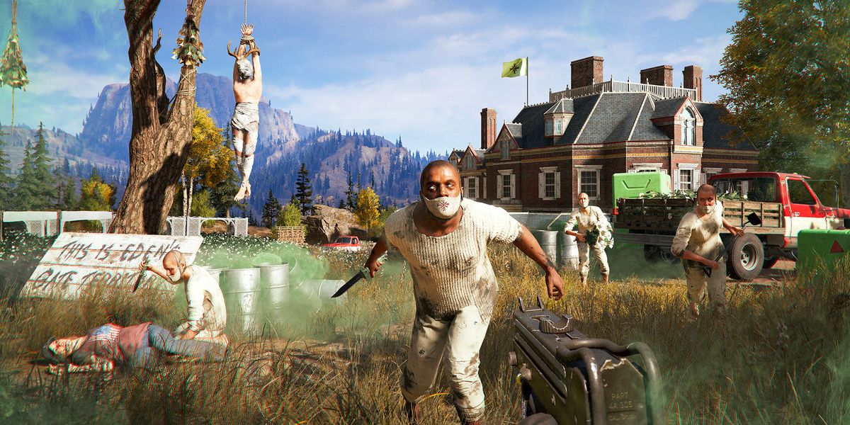 An enemy runs at the player with a knife with more in the background in Far Cry 5