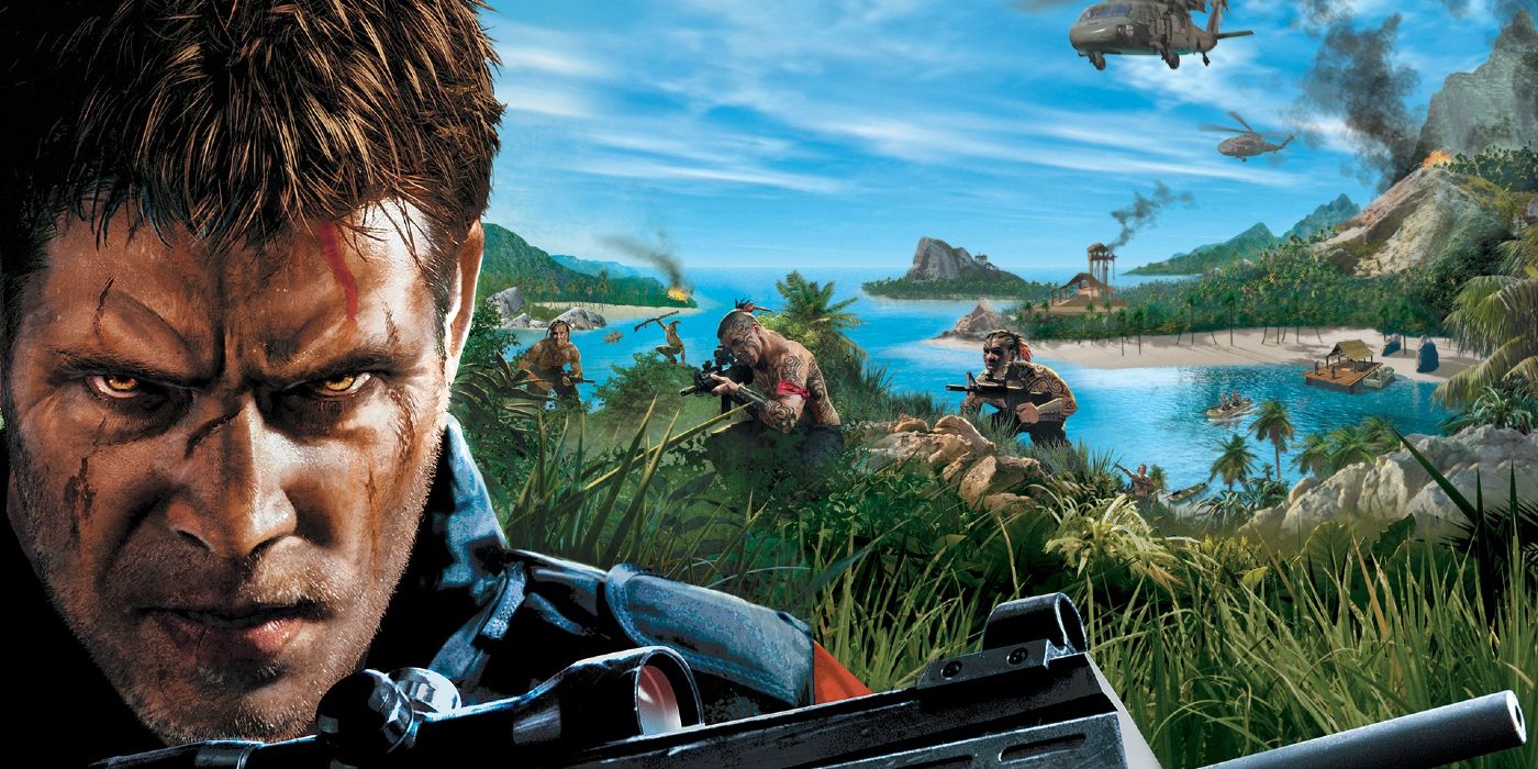 The cover art for Far Cry Instincts: Predator, featuring militia and a scarred soldier