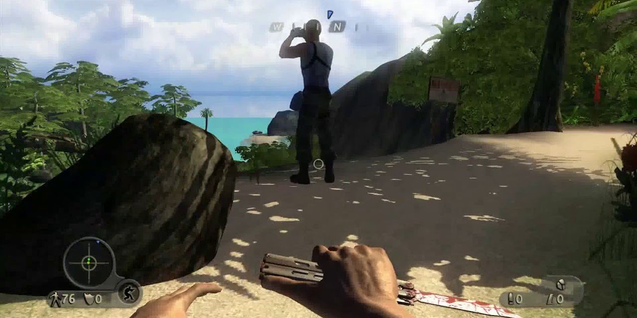 A player sneaks up on an enemy in Far Cry Instincts