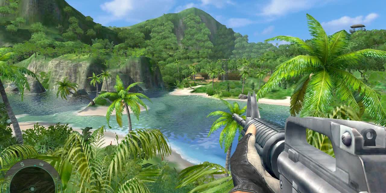 The player looks out over a bay while holding an auto rifle in Far Cry
