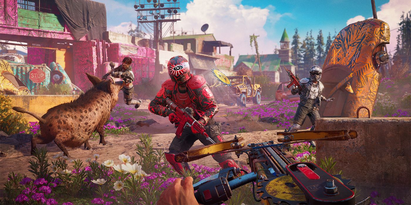 A player takes on enemies and wildlife with a cross bow in Far Cry New Dawn