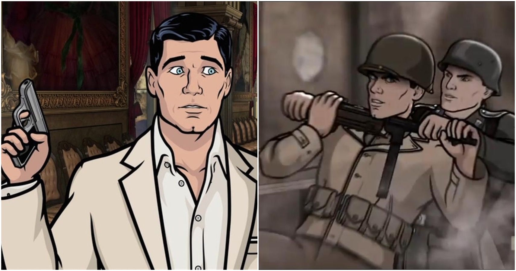 Archer holding his pistol and another version fighting a Nazi