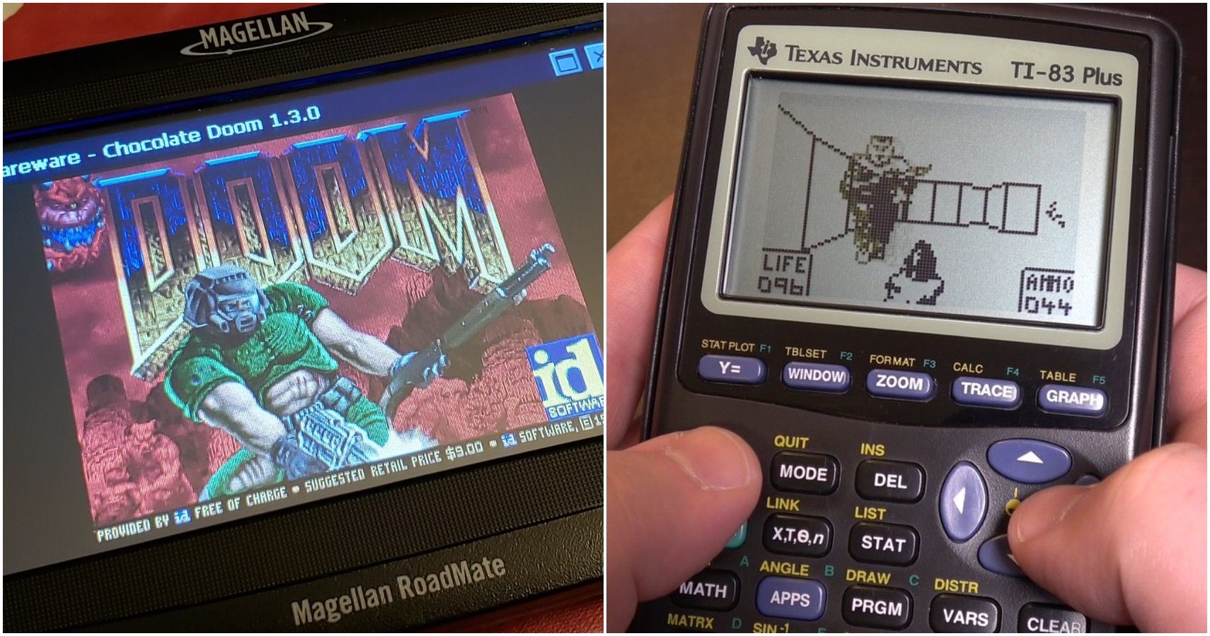 DOOM playing on a GPS and on a calculator