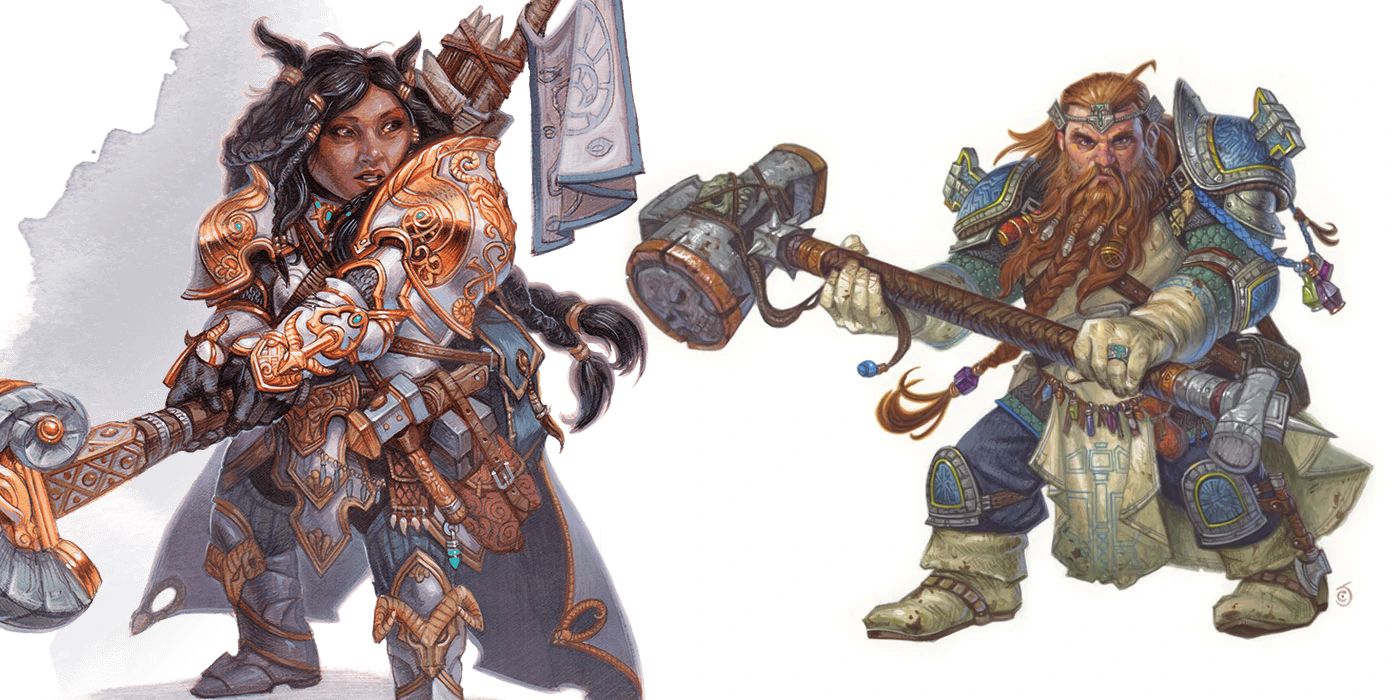 Two dwarves holding battle weapons in Dungeons and Dragons