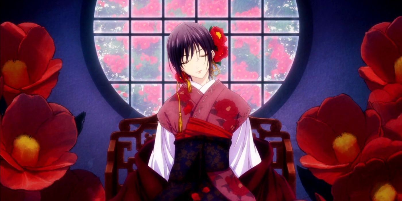 Akito dressed in a red kimono in Fruits Basket.