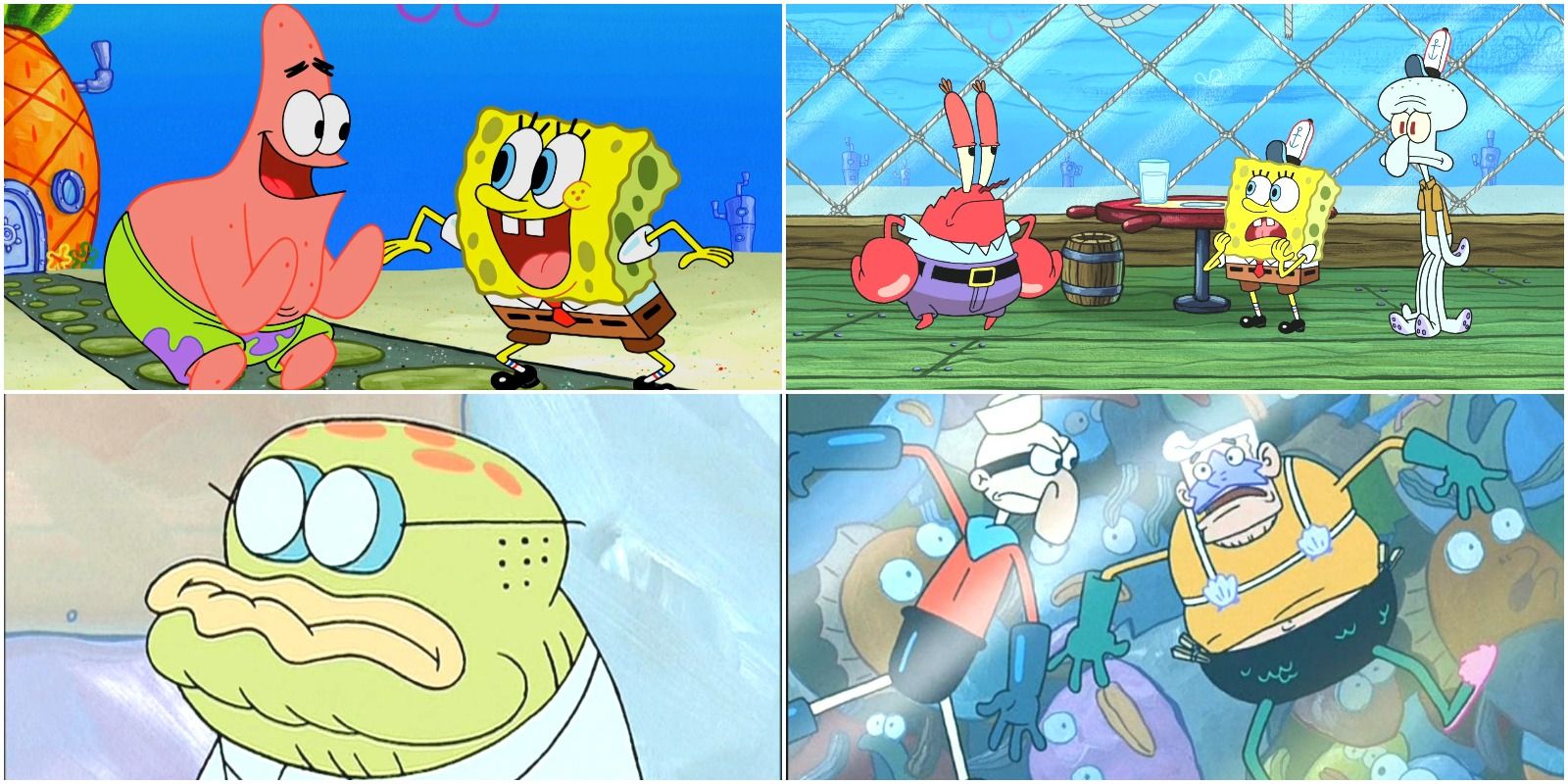 SpongeBob, Patrick, Mermaid Man, Squidward, and Old Man Jenkins from the TV show