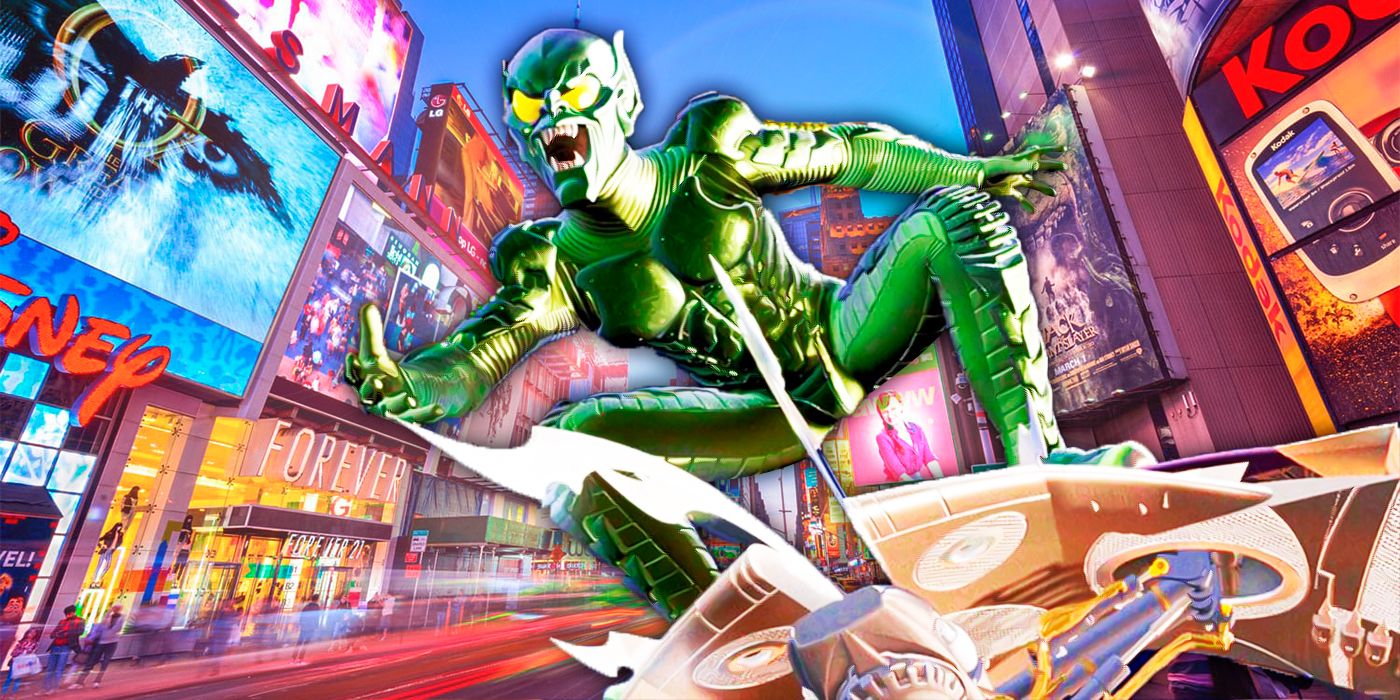 Image of Spider-Man villain Green Goblin flying in NYC's Time Square.