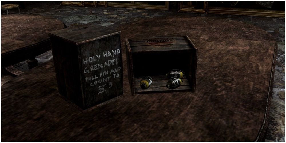 A crate of Holy Frag Grenades in a church basement in Fallout New Vegas