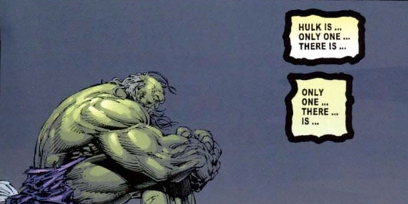 The Hulk--a big green humanoid--crouches down and contemplates that he is the last living person on the planet.