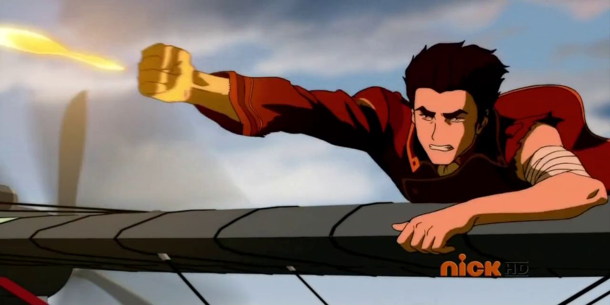 Legend of Korra General Iroh shooting with fire while on the wing of an airplane