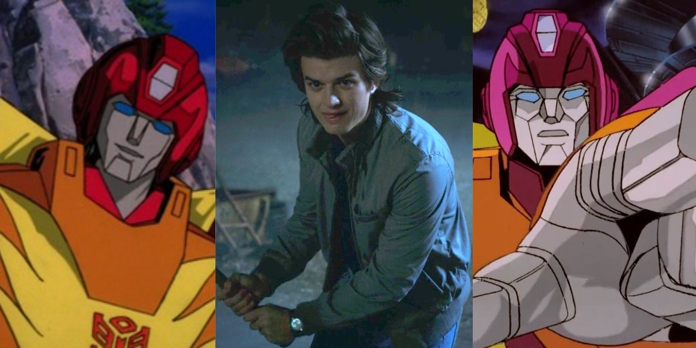 A combined image featuring an image of Joe Kerry from Stranger Things in the middle, an image of Hot Rod on the left, and and an image of the transformed Rodimus Prime on the right.