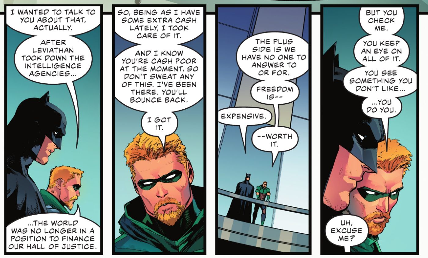 Batman and Green Arrow discuss Justice League finances