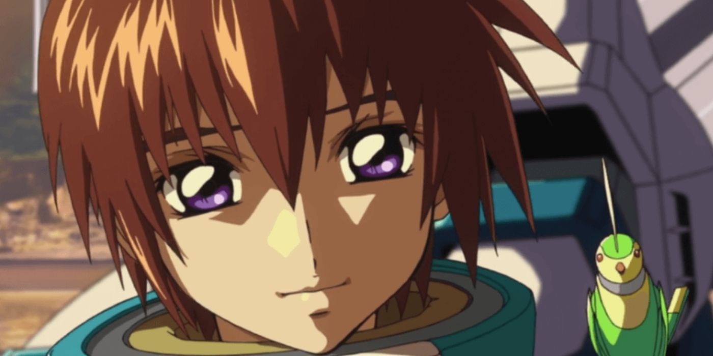 Kira Yamato smiling with Birdy on his shoulder (Mobile Suit Gundam: SEED).
