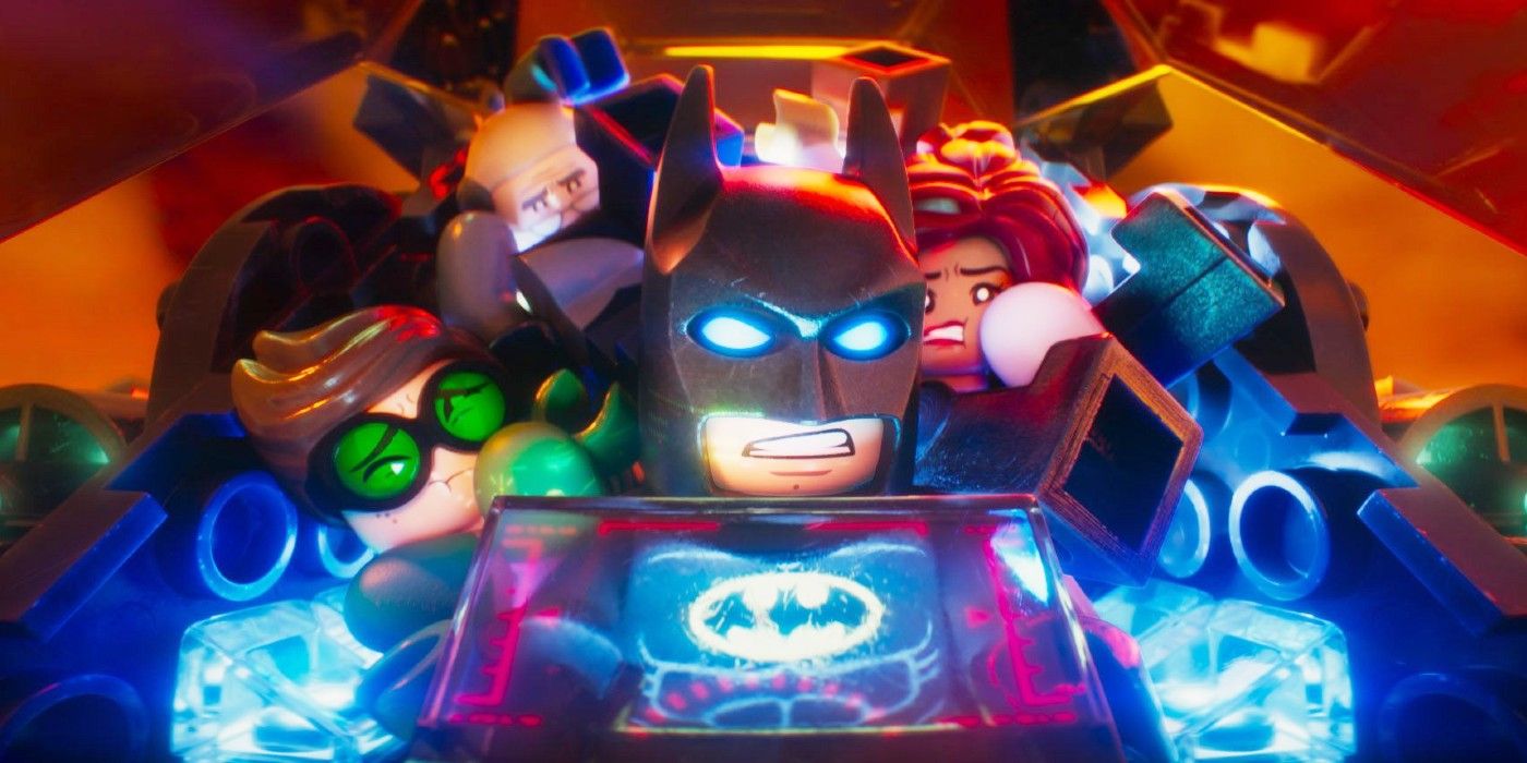 Batman and his family in the batplane in The LEGO Batman Movie.