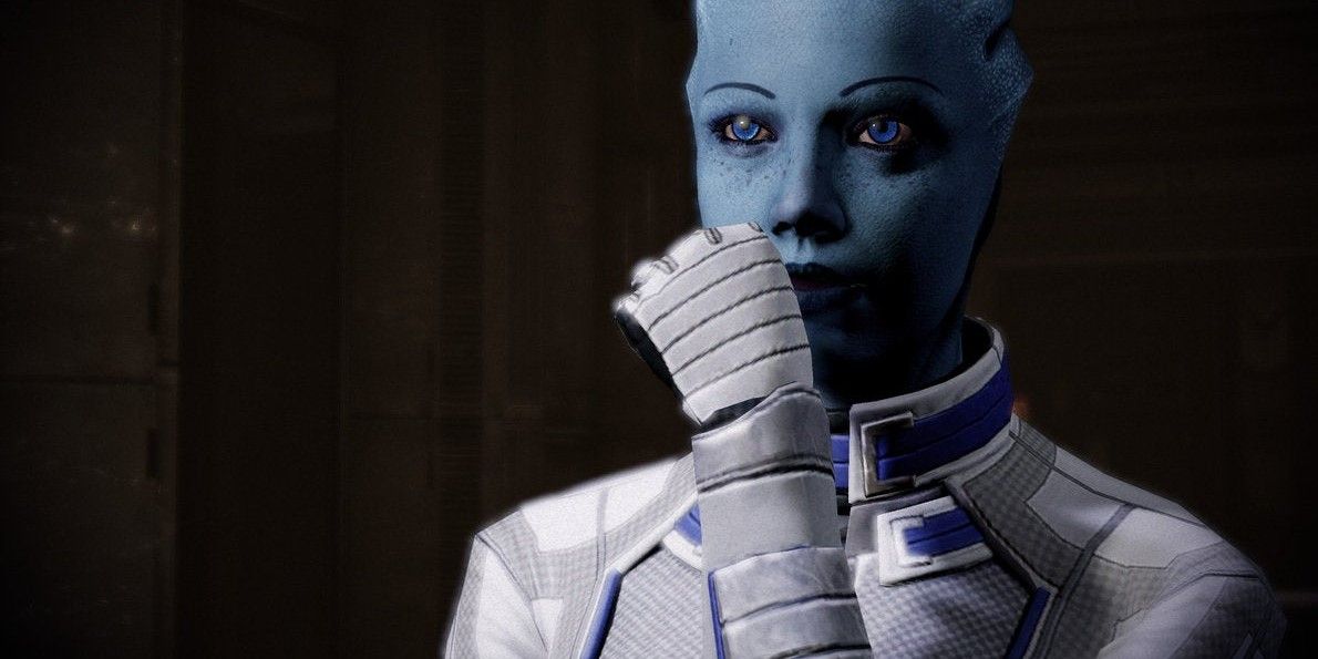 An image of Liara from Mass Effect pondering and thinking about something