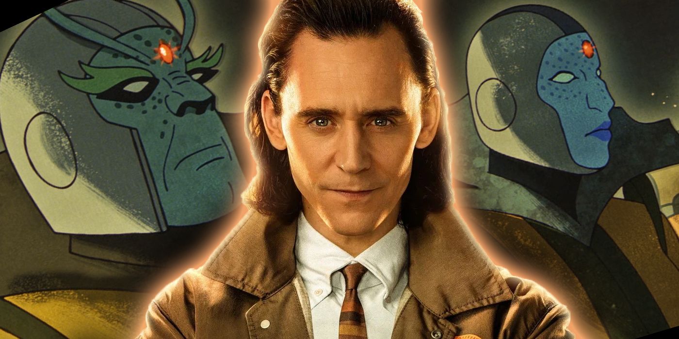 Loki in a graphic featuring the Time Keepers in comic form behind him.