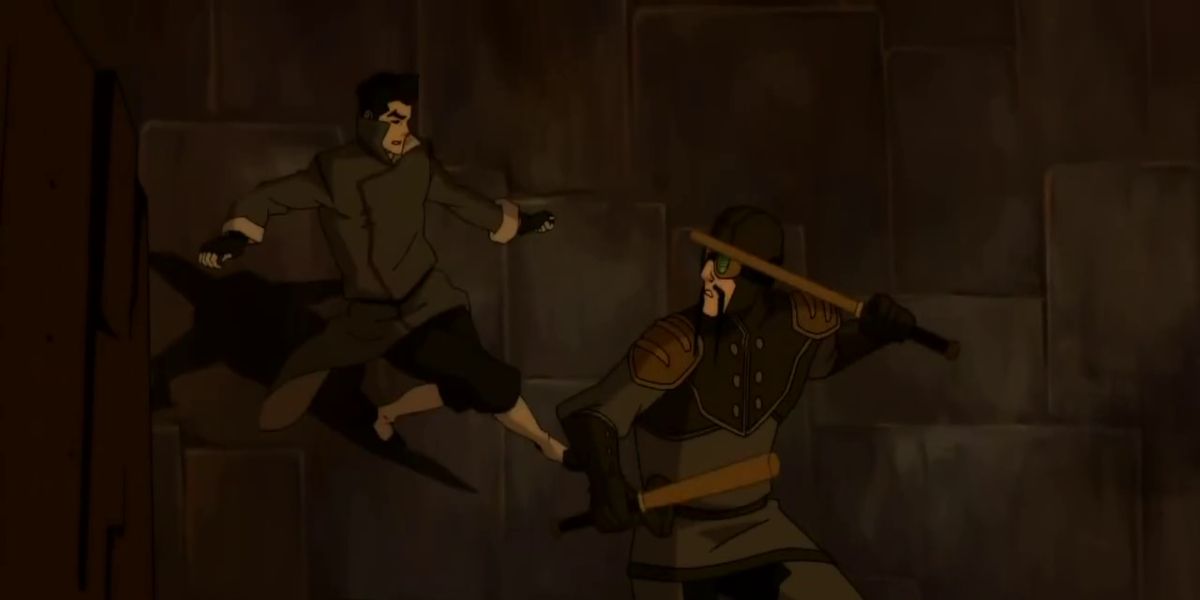 Legend of Korra Mako running on the wall to attack the lieutenant