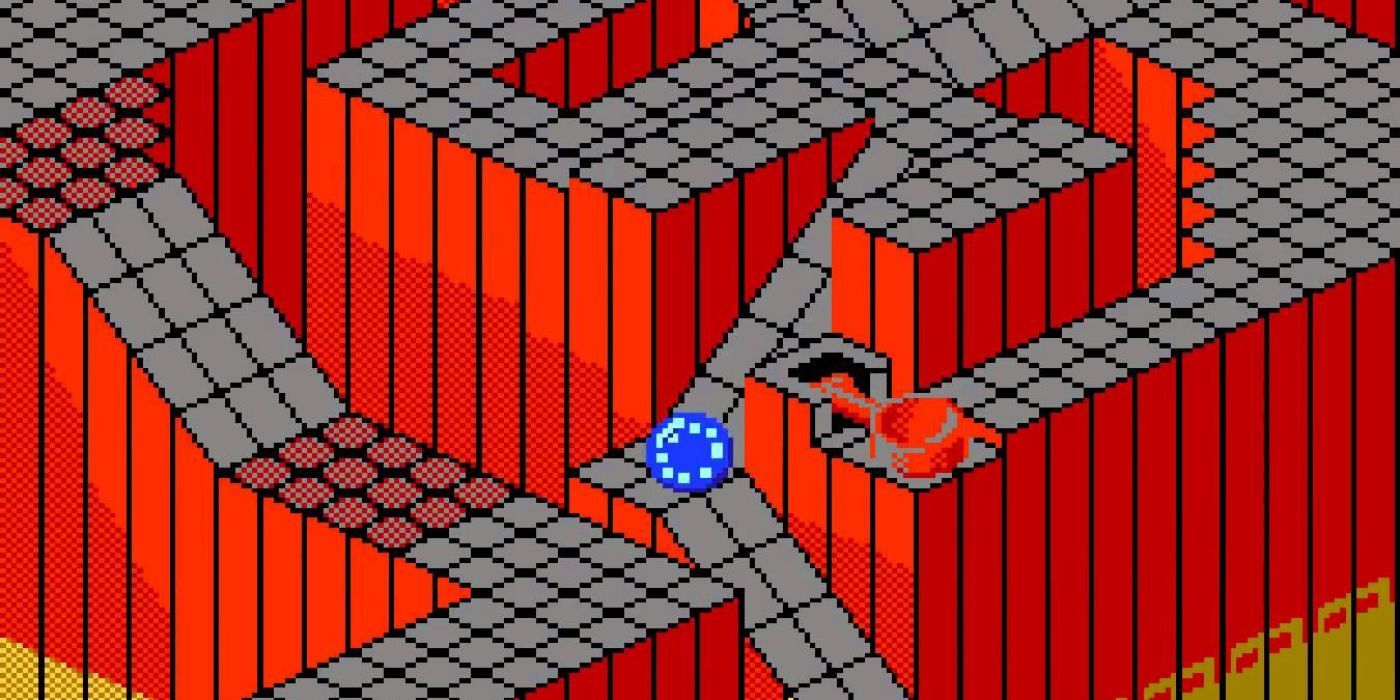 An isometric hellscape from Marble Madness 