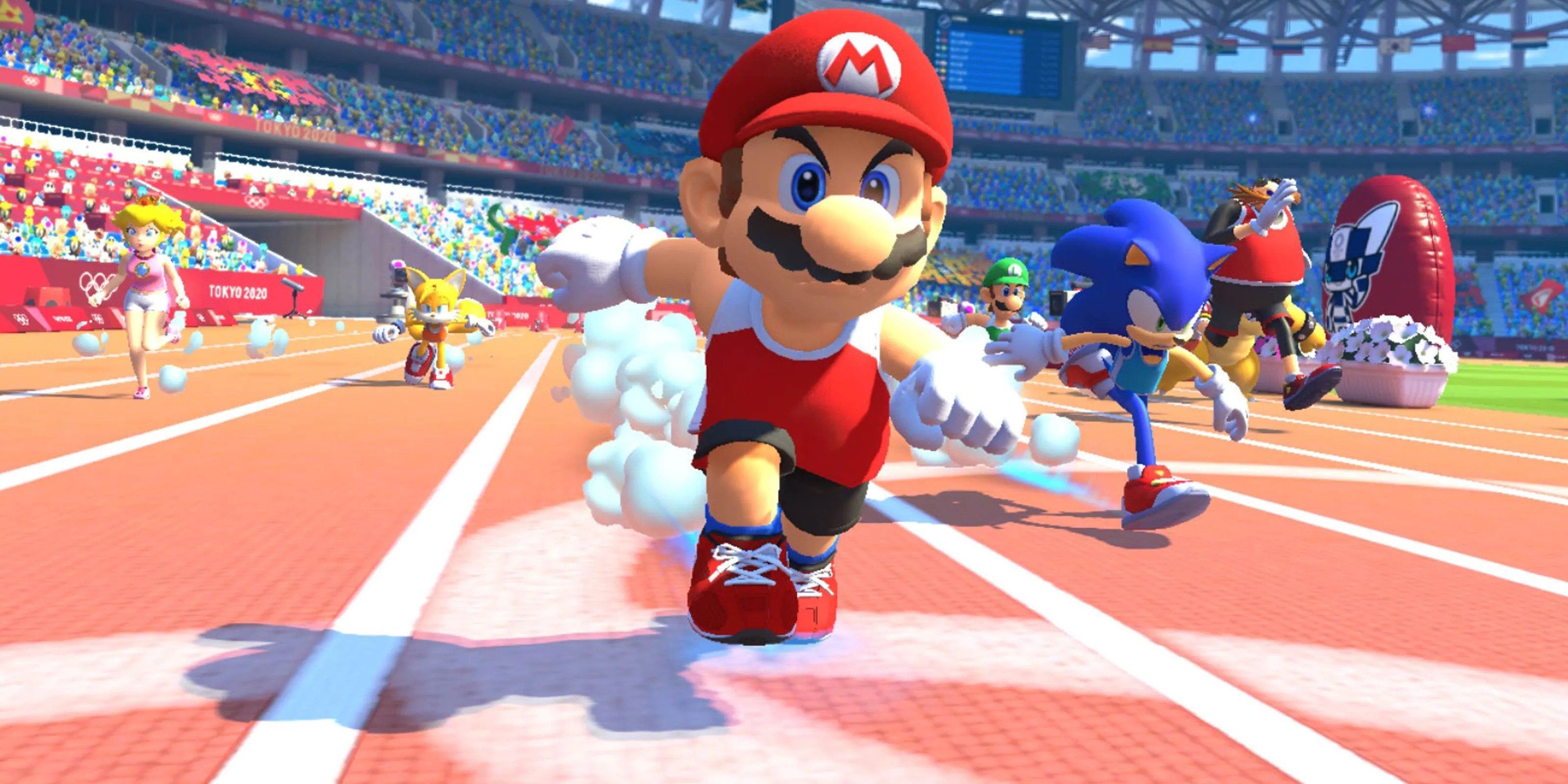 Mario and Sonic running along an Olympic track