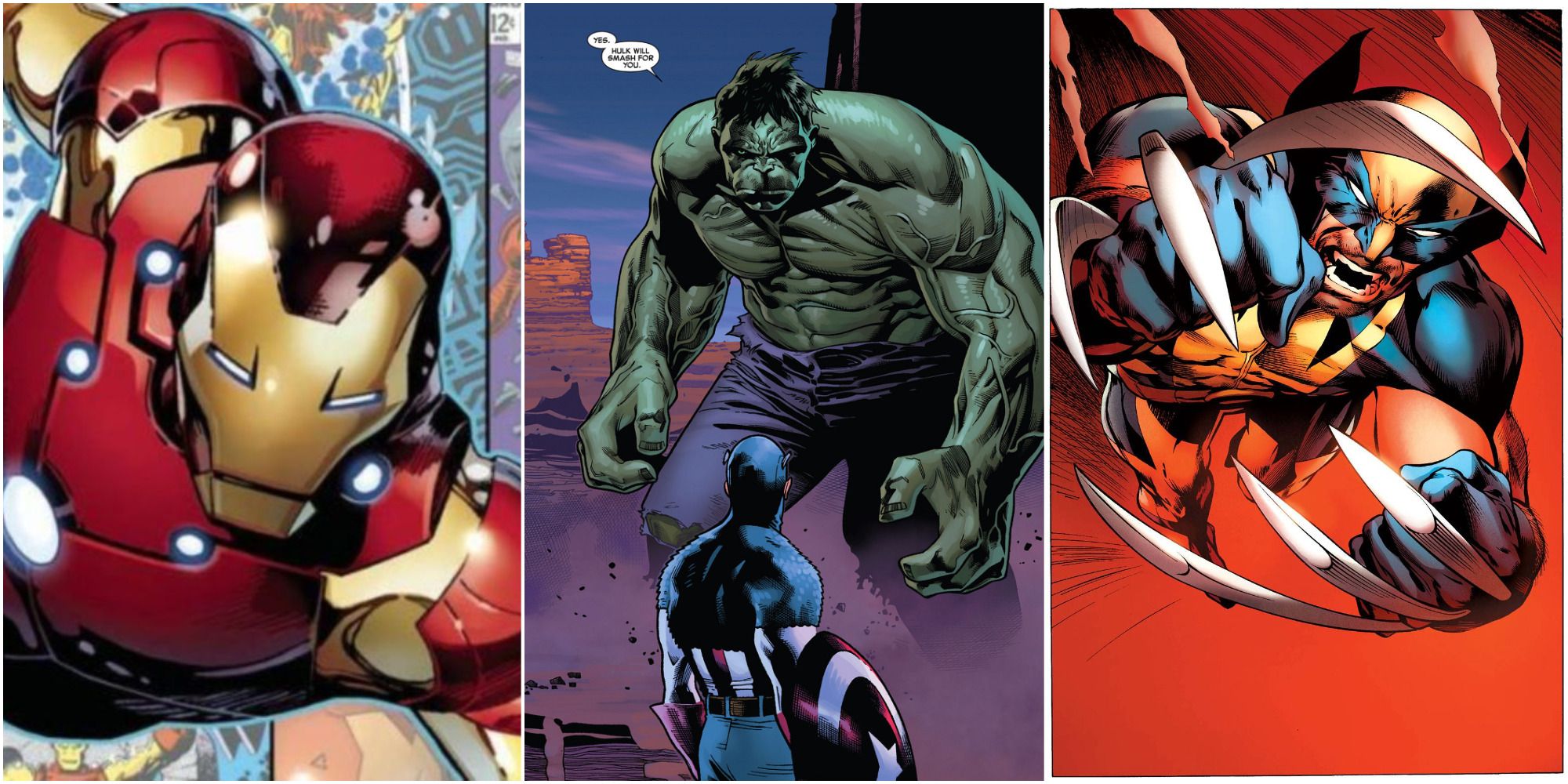 a split image of Iron Man, Hulk, Wolverine