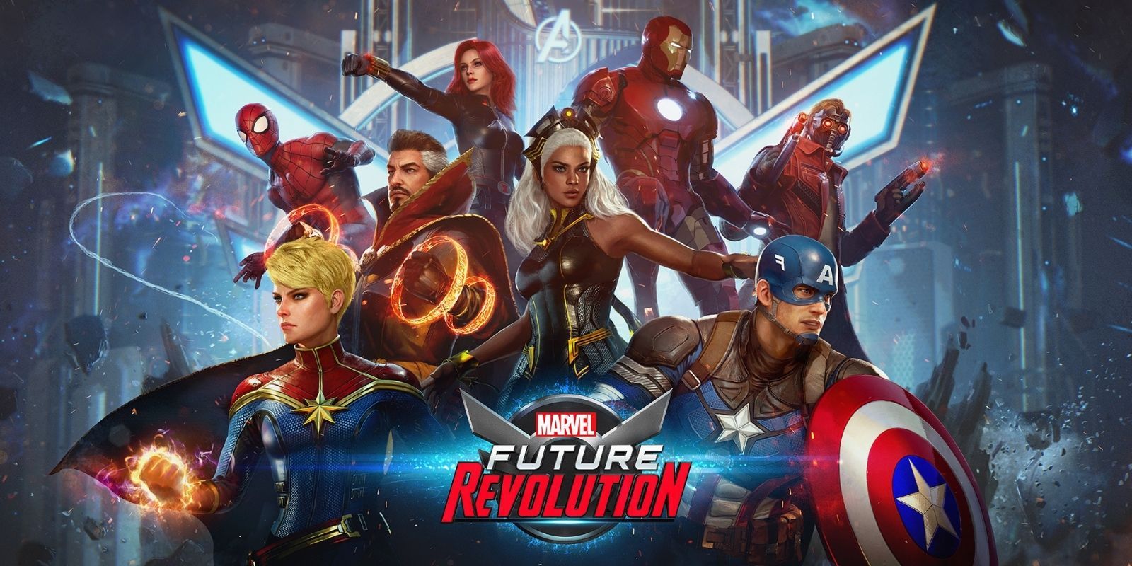 Promotional image for Marvel Future Revolution, Featuring Storm, Captain America, Star-Lord, Spider-Man, Captain Marvel, Black Widow, Iron Man and Doctor Strange