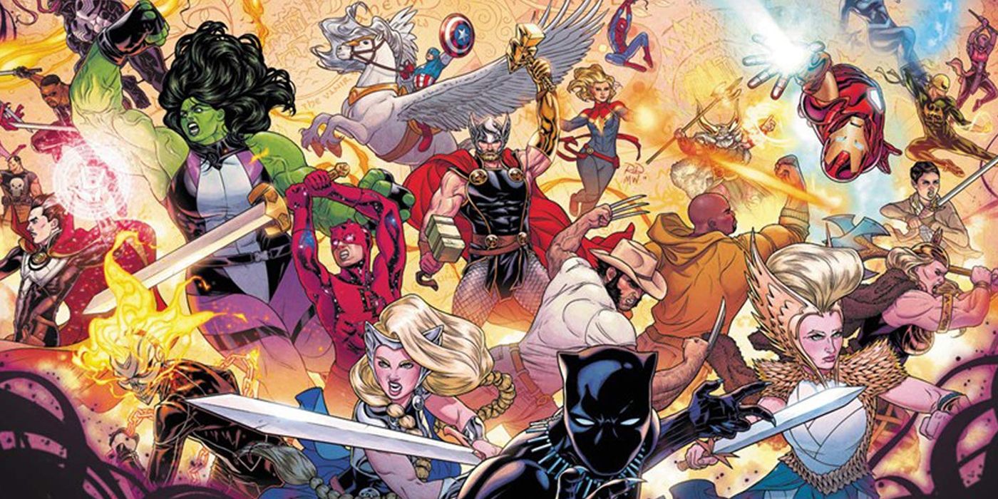 Marvel heroes fighting in The War of the Realms