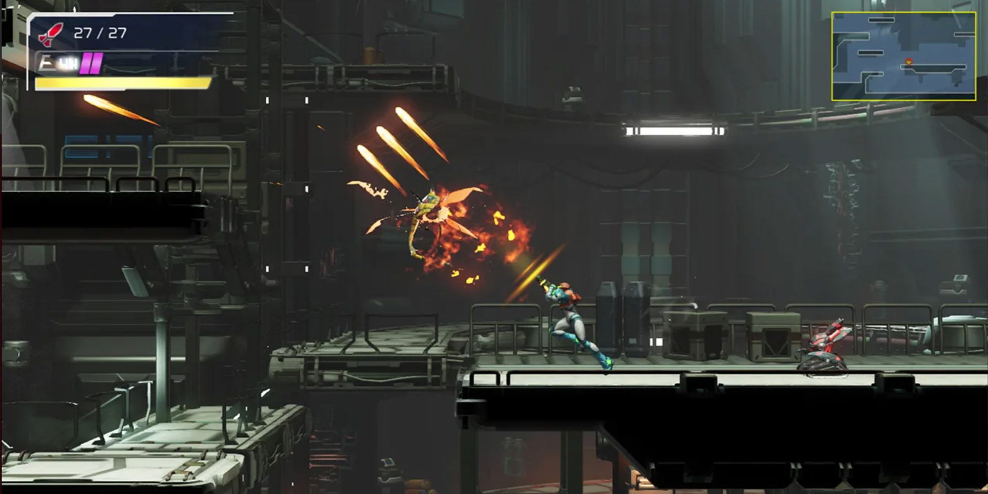 Samus fighting an enemy in a gameplay still from Metroid Dread.
