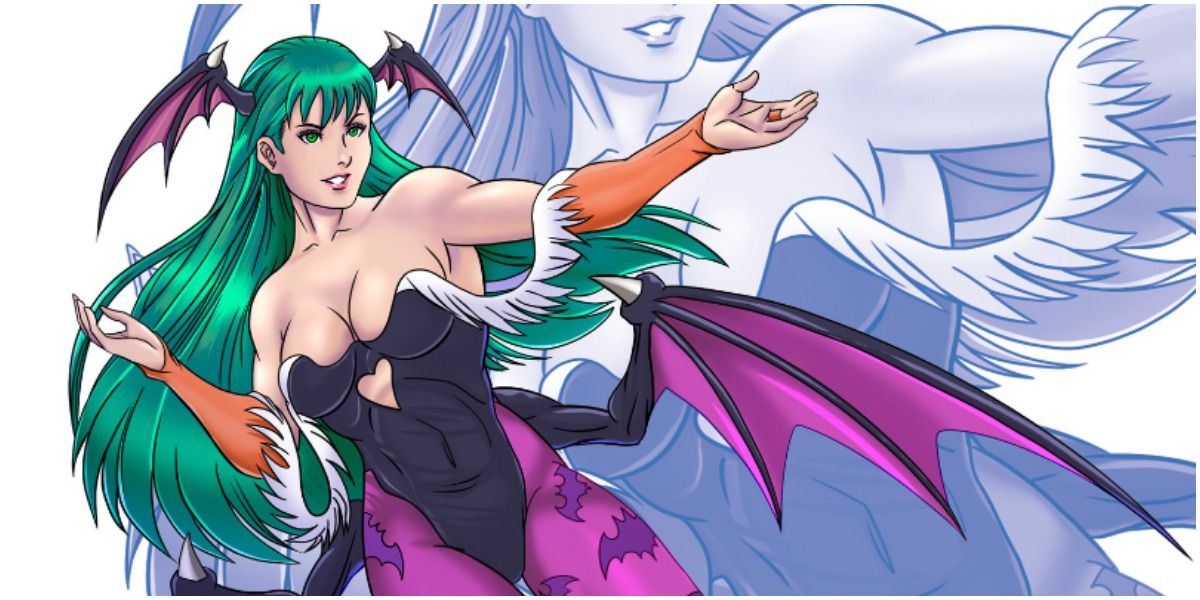 Morrigan Aensland smiling with an out-stretched hand in Darkstalkers