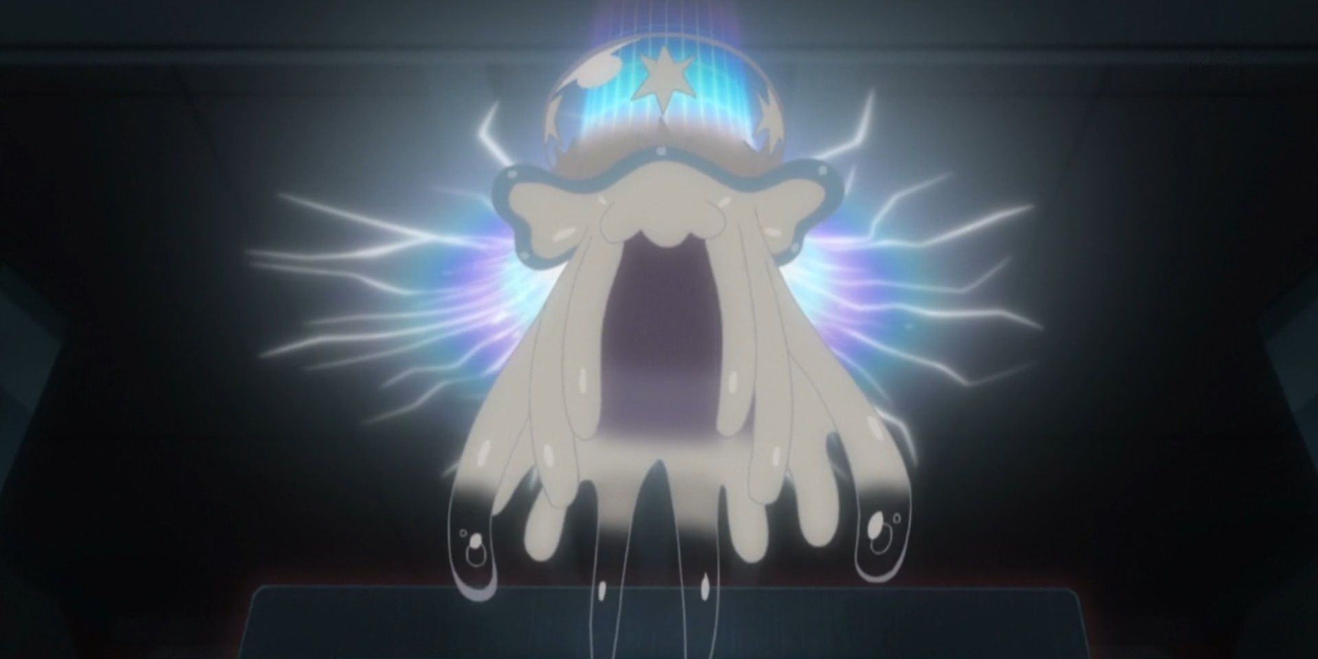 Nihilego glowing ominously in the Pokemon anime