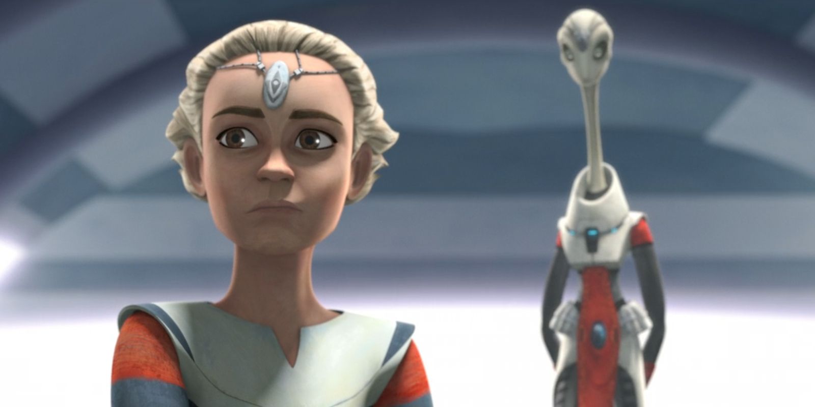 Omega looks worried, and Nala Se stands behind her in Star Wars The Bad Batch