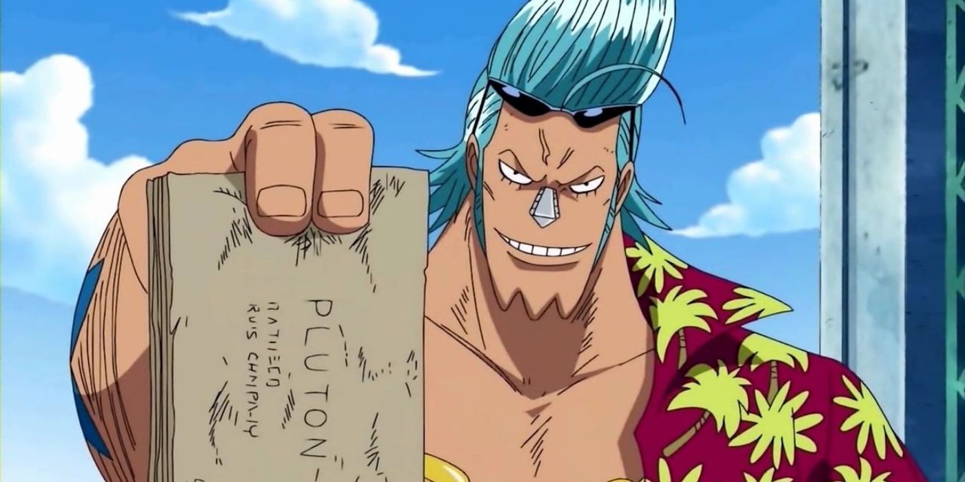 Franky from One Piece holds Pluton Blueprints.