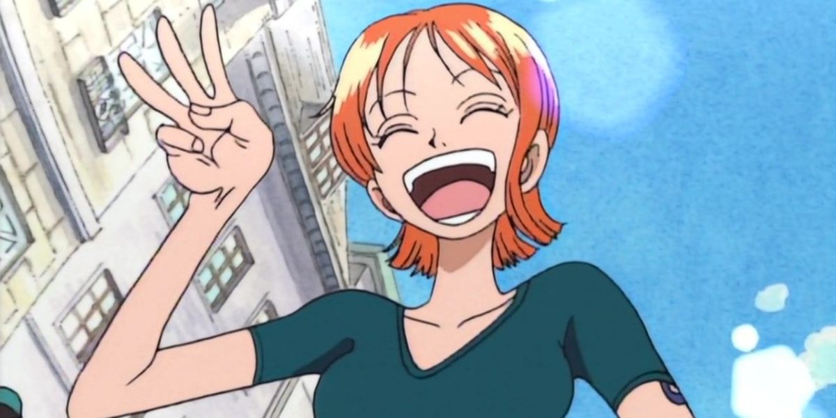 Nami laughs and holds up three fingers in One Piece.