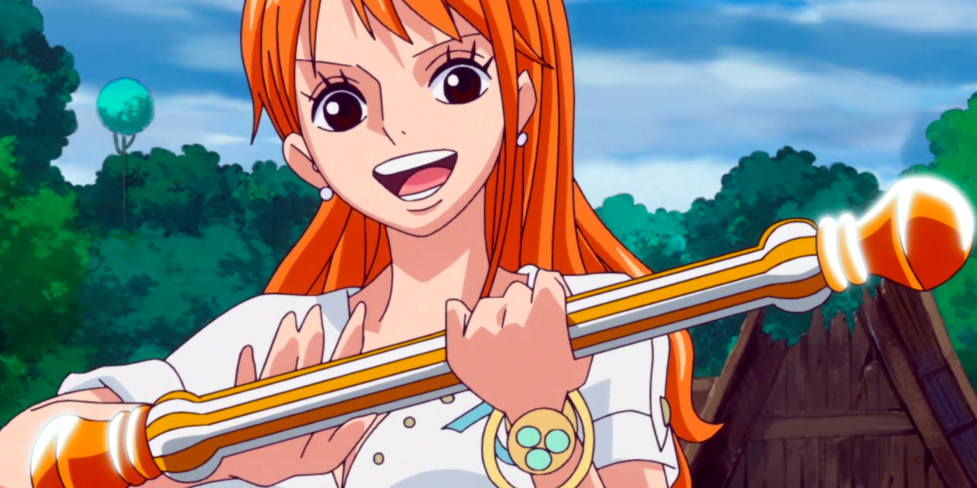 smiling nami — Nami's first appearance in the anime.