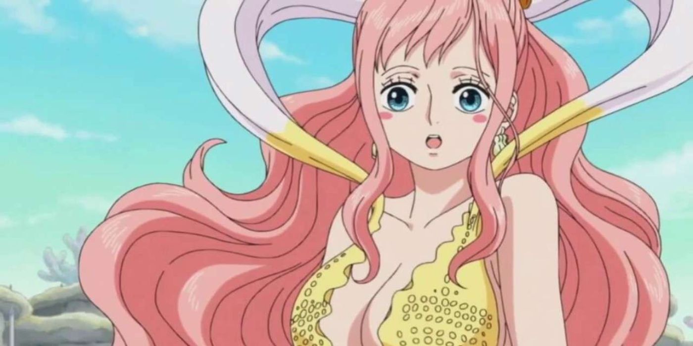 Princess Shirahoshi from One Piece with open mouth looking shocked.