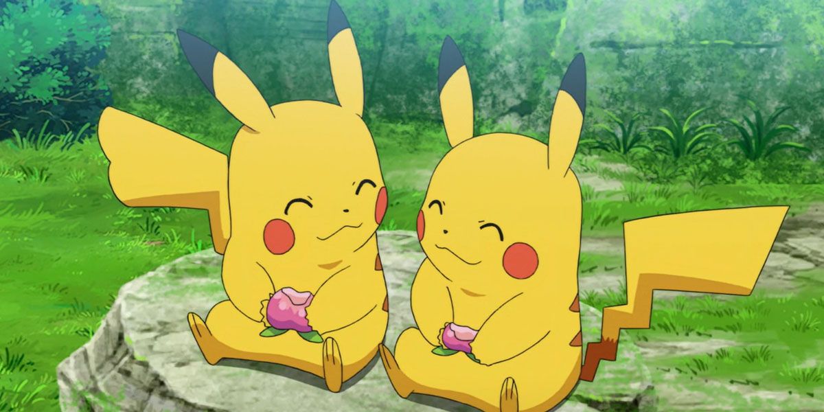 Two Pikachu eating berries in the Pokémon anime