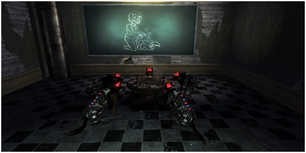 Cyber dogs playing poker around a table in Fallout New Vegas