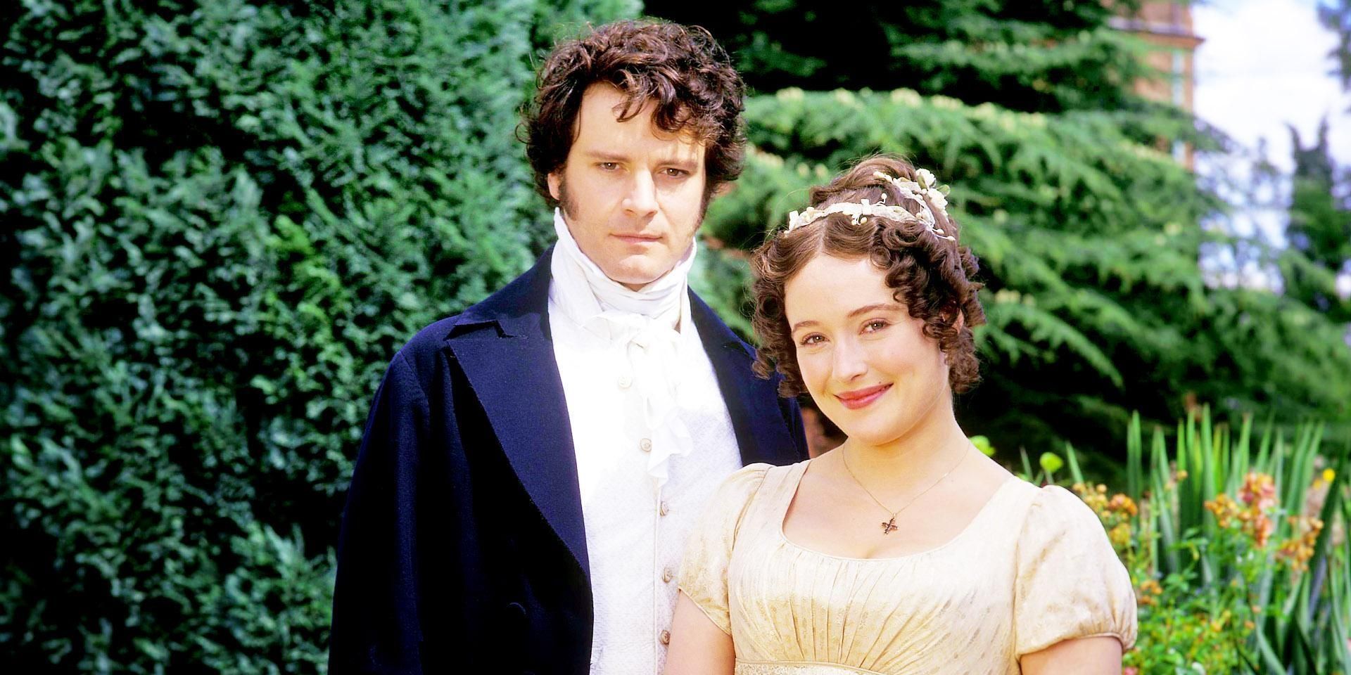 Elizabeth and Darcy pose next to each other in BBC's Pride and Prejudice 
