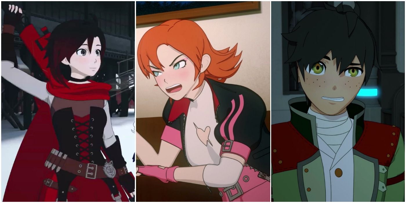 RWBY characters Ruby Rose, Nora Valkyrie, and Oscar Pine in a split image