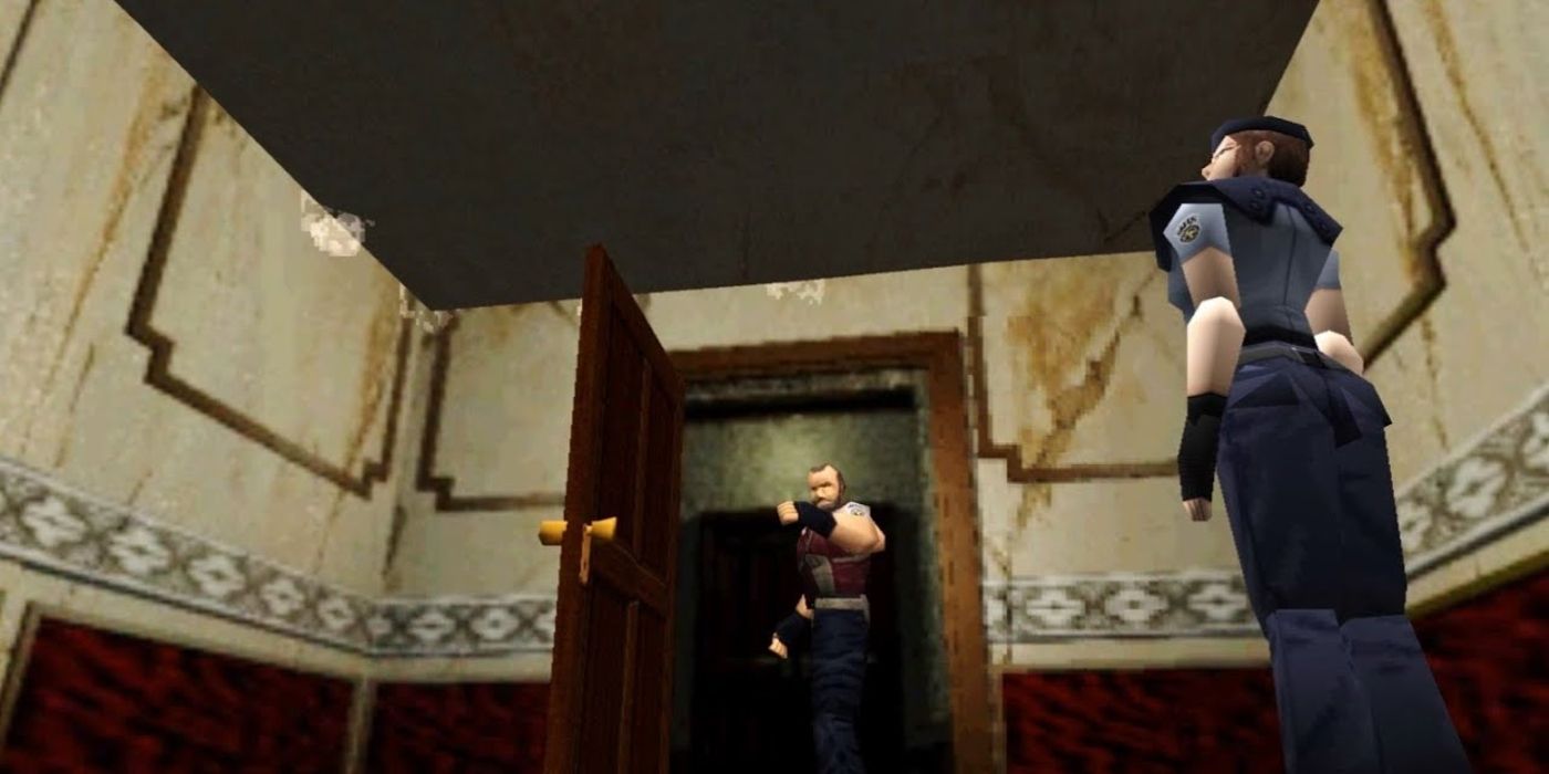 A ceiling trap begins to crush Barry and Jill in Resident Evil